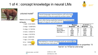 1 of 4 : concept knowledge in neural LMs
untuned model3
tuned model4
[4] Weir et al., 2020
[5] Forbes et al., 2019
[3] Bar Ilan demo., as of 2021 :
link
can also distinguish based on properties: “X
has fur” vs “X has fur and is big”
BERT
“neural language representations still only learn
associations that are explicitly written down”5
,
even after being explicitly trained on a knowledge
graph of objects and affordances.
“Perceptual or visual concepts such as smooth, can’t
be learned from text alone”4
,
😔
😔
18
 