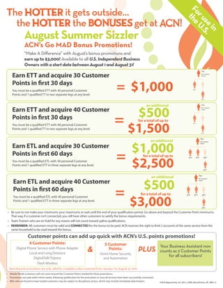 The HOTTER it gets outside…




                                                                                                                                                                     Fo the
                                                                                                                                                                       r u U.
  the HOTTER the BONUSES get at ACN!




                                                                                                                                                                          se S.
                August Summer Sizzler




                                                                                                                                                                            in
                ACN’s Go MAD Bonus Promotions!
                “Make A Difference” with August’s bonus promotions and
                earn up to $3,000! Available to all U.S. Independent Business
                Owners with a start date between August 1 and August 31!
                                                                                                                                                                                           You

     Earn ETT and acquire 30 Customer                                                                                                                                                      30 Customer
                                                                                                                                                                                           Points




     Points in first 30 days
     You must be a qualified ETT with 30 personal Customer
     Points and 1 qualified TT in two separate legs at any level.
                                                                                                       = $1,000                                                               QTT




                                                                                                                                                                                           QTT



                                                                                                                                   an additional

                                                                                                          $500
                                                                                                                                                                                           You


     Earn ETT and acquire 40 Customer
                                                                                                                                                                                           40 Customer
                                                                                                                                                                                           Points




     Points in first 30 days
                                                                                                      =                     for a total of up to

                                                                                                        $1,500
                                                                                                                                                                              QTT
     You must be a qualified ETT with 40 personal Customer
     Points and 1 qualified TT in two separate legs at any level.
                                                                                                                                                                                           QTT


                                                                                                                                                                                          You
                                                                                                                                       an additional

                                                                                                         $1,000
                                                                                                                                                                                          30 Customer


     Earn ETL and acquire 30 Customer
                                                                                                                                                                                          Points




     Points in first 60 days
     You must be a qualified ETL with 30 personal Customer
     Points and 1 qualified ETT in three separate legs at any level.
                                                                                                      = $2,500                  for a total of up to                    ETT         ETT       QTT




                                                                                                                                                                                              ETT


                                                                                                                                        an additional                                 You


      Earn ETL and acquire 40 Customer
                                                                                                          $500
                                                                                                                                                                                      40 Customer
                                                                                                                                                                                      Points




      Points in first 60 days
                                                                                                      =                       for a total of up to

                                                                                                        $3,000
                                                                                                                                                                       ETT     ETT          QTT
      You must be a qualified ETL with 40 personal Customer
      Points and 1 qualified ETT in three separate legs at any level.

                                                                                                                                                                                            ETT

 •	 Be sure to not make your minimums your maximums or wait until the end of your qualification period. Go above and beyond the Customer Point minimums.
    That way, if a customer isn’t connected, you still have other customers to satisfy the bonus requirements.
 •	 Team Trainers who are on hold for any reason will not count toward upline qualifications.
 •	 REMEMBER: All customers must be valid and CONNECTED for the bonus to be paid. ACN reserves the right to limit 2 accounts of the same service from the
    same household to be used toward the bonus.

                    Customer points can add up quick with ACN’s U.S. points promotions!
                     4 Customer Points:                                                     3 Customer                                        Your Business Assistant now
         Digital Phone Service with Phone Adapter
                  Local and Long Distance
                                                                            &                 Points:
                                                                                        Vivint Home Security
                                                                                                                            PLUS              counts as 2 Customer Points
                    DigitalTalk®Express
                                                                                                                                                  for all subscribers!
                                                                                          and Automation
                       Flash Wireless
  Special point promotions are only valid for complete orders received from January 1 to August 31, 2012.
•	 Mobile World customers will not count toward the Customer Points needed for these promotions.
•	 Promotions are paid within three weeks, following qualification for the promotion or once all services have been successfully connected.
•	 IBOs who are found to have invalid customers may be subject to disciplinary action, which may include immediate deactivation.              ©ACN Opportunity, LLC 2012_USEN_BonusPromo_RP_080112
 