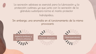 Ostium dilatados
La secreción sebácea es esencial para la lubricación y la
protección cutánea, ya que junto con la secreción de la
glándula sudorípara forma el manto protector
hidrolipídico.
Sin embargo, una anomalía en el funcionamiento de la misma
provocará:
Hiperqueratosis
Aspecto brilloso y
textura untuosa
 