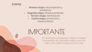 CREDITS: This presentation template was
created by Slidesgo, including icons by
Flaticon, infographics & images by Freepik.
ETAPAS
El tratamiento cosmetológico deberá ir siempre
acompañado del tratamiento médico para una
mejor y más rápida recuperación de la piel.
IMPORTANTE
1. Primera etapa: descongestión y
emoliencia.
2. Segunda etapa: limpieza profunda.
3. Tercera etapa: estimulación.
4. Cuarta etapa: prevención y
mantenimiento.
 