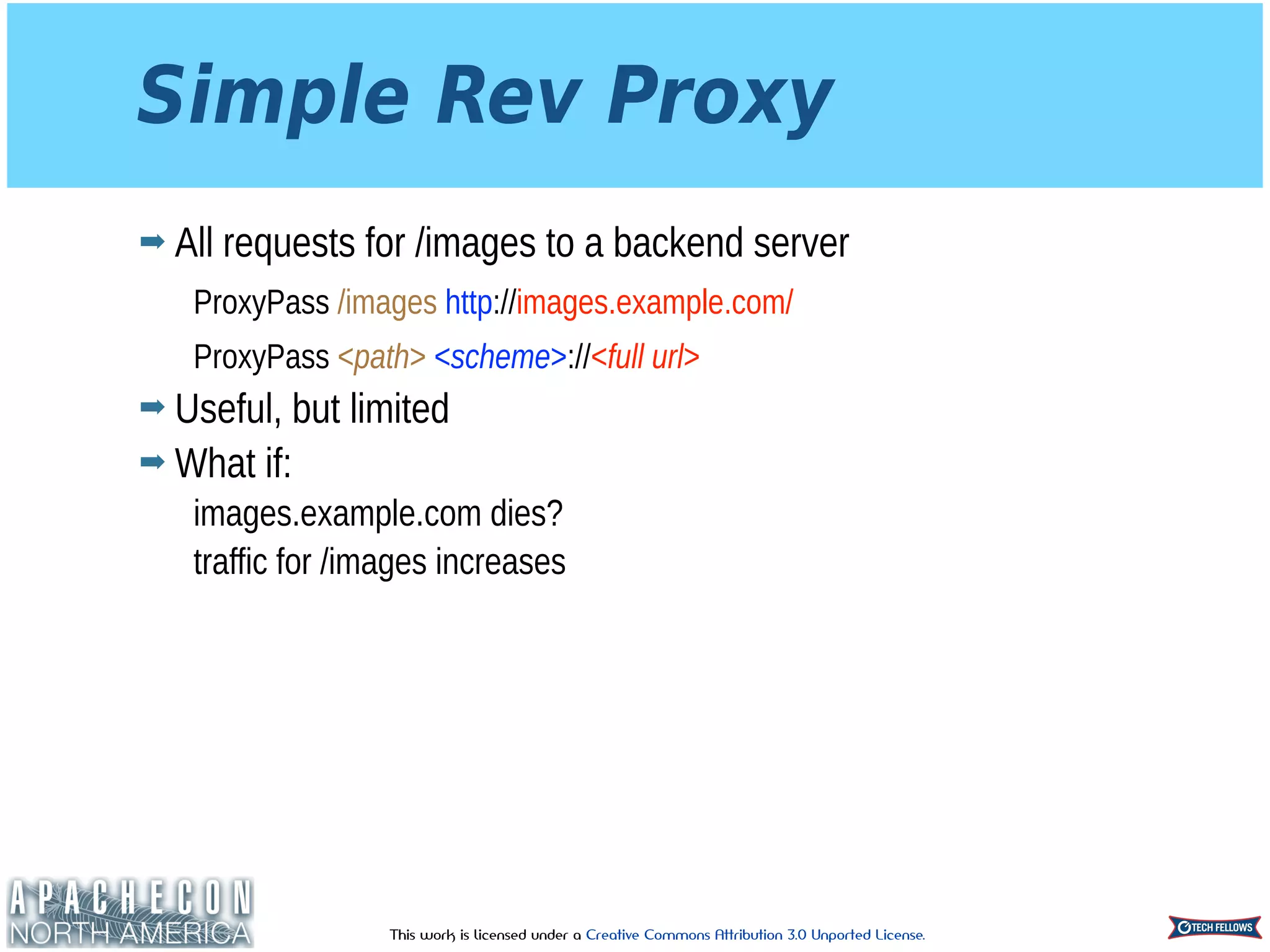 This work is licensed under a Creative Commons Attribution 3.0 Unported License.
Simple Rev Proxy
➡ All requests for /images to a backend server
ProxyPass /images http://images.example.com/
ProxyPass <path> <scheme>://<full url>
➡ Useful, but limited
➡ What if:
images.example.com dies?
traffic for /images increases
 