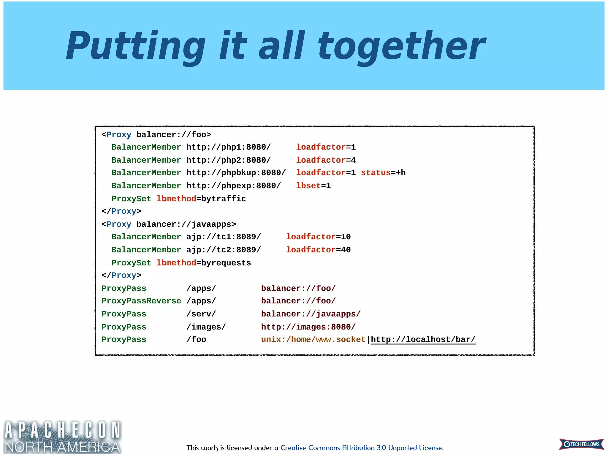 This work is licensed under a Creative Commons Attribution 3.0 Unported License.
Putting it all together
<Proxy balancer://foo>
BalancerMember http://php1:8080/ loadfactor=1
BalancerMember http://php2:8080/ loadfactor=4
BalancerMember http://phpbkup:8080/ loadfactor=1 status=+h
BalancerMember http://phpexp:8080/ lbset=1
ProxySet lbmethod=bytraffic
</Proxy>
<Proxy balancer://javaapps>
BalancerMember ajp://tc1:8089/ loadfactor=10
BalancerMember ajp://tc2:8089/ loadfactor=40
ProxySet lbmethod=byrequests
</Proxy>
ProxyPass /apps/ balancer://foo/
ProxyPassReverse /apps/ balancer://foo/
ProxyPass /serv/ balancer://javaapps/
ProxyPass /images/ http://images:8080/
ProxyPass /foo unix:/home/www.socket|http://localhost/bar/
 