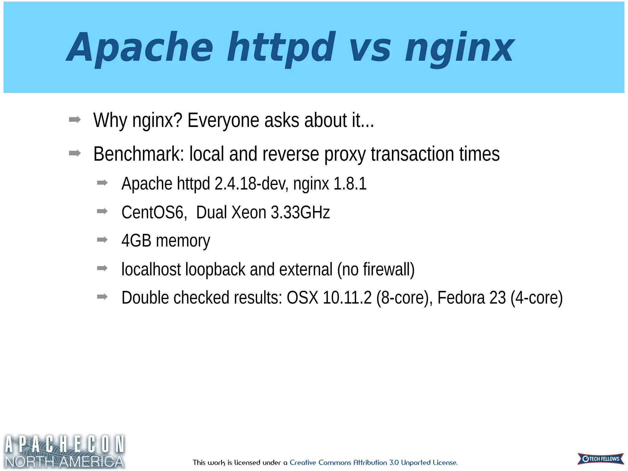 This work is licensed under a Creative Commons Attribution 3.0 Unported License.
Apache httpd vs nginx
➡ Why nginx? Everyone asks about it...
➡ Benchmark: local and reverse proxy transaction times
➡ Apache httpd 2.4.18-dev, nginx 1.8.1
➡ CentOS6, Dual Xeon 3.33GHz
➡ 4GB memory
➡ localhost loopback and external (no firewall)
➡ Double checked results: OSX 10.11.2 (8-core), Fedora 23 (4-core)
 
