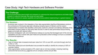 The Challenge:
• Use account/company-level insight and indicators to customize the inbound experience and better target
contacts in outbound channels, like email and paid media
• Pilot vendor solutions to assess capability and performance before implementing in a global instance
The Solution:
• Accenture was involved in the integration of two data augmentation AppCloud Marketplace solutions,
the architecture of third party data sets indicating company topics of interest, and the custom
implementation of solution that identifies a third party cookie for unknown and delivers attributes of the
associated company based on third party data sources in order to best personalize Eloqua landing
pages and emails with relevant offers
• Accenture strategized, built, and maintained an always-on journey that leveraged each of the net new
capabilities and was involved with paid media and syndicated content strategy to ensure a consistent
omnichannel experience
The Results:
• Topic of interest data increased email open rates from 12% to over 50%, and click through rate from
0.75% to 1.9%
• Third party cookie pool and identification tool provided the ability to identify the company of 30% of
unknown visitors
• Data augmentation vendor provided a 47% match rate on net new contacts, including matching
personal email accounts (e.g. @gmail.com) to company names and job titles
Case Study: High Tech Hardware and Software Provider
 