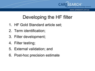 Developing the HF filter
1. HF Gold Standard article set;
2. Term identification;
3. Filter development;
4. Filter testing;
5. External validation; and
6. Post-hoc precision estimate
 
