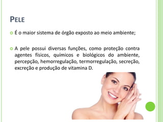 PELE 
É o maior sistema de órgão exposto ao meio ambiente; 
A pele possui diversas funções, como proteção contra agentes físicos, químicos e biológicos do ambiente, percepção, hemorregulação, termorregulação, secreção, excreção e produção de vitamina D.  
