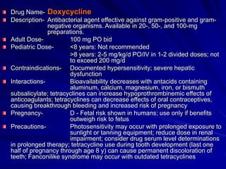 Drug Name- Doxycycline
Description- Antibacterial agent effective against gram-positive and gram-
negative organisms. Available in 20-, 50-, and 100-mg
preparations.
Adult Dose- 100 mg PO bid
Pediatric Dose- <8 years: Not recommended
>8 years: 2-5 mg/kg/d PO/IV in 1-2 divided doses; not
to exceed 200 mg/d
Contraindications- Documented hypersensitivity; severe hepatic
dysfunction
Interactions- Bioavailability decreases with antacids containing
aluminum, calcium, magnesium, iron, or bismuth
subsalicylate; tetracyclines can increase hypoprothrombinemic effects of
anticoagulants; tetracyclines can decrease effects of oral contraceptives,
causing breakthrough bleeding and increased risk of pregnancy
Pregnancy- D - Fetal risk shown in humans; use only if benefits
outweigh risk to fetus
Precautions- Photosensitivity may occur with prolonged exposure to
sunlight or tanning equipment; reduce dose in renal
impairment; consider drug serum level determinations
in prolonged therapy; tetracycline use during tooth development (last one
half of pregnancy through age 8 y) can cause permanent discoloration of
teeth; Fanconilike syndrome may occur with outdated tetracyclines
 