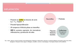 INFLAMACIÓN
 Presente en todas las lesiones de acné:
IL-1 y TCD4+
↑ ↑
 Precede hiperproliferación
 Al romperse el folículo piloso se intensifica
 IGF-1: aumenta expresión de marcadores
inflamatorios y producción de sebo
Tan J, Gold L, Alexis A. Current Concepts in Acne Pathogenesis: Pathways to Inflammation. Seminars in Cutaneous Medicine and Surgery. 2018; 37(3): 60-62.
Zaenglein A, Thiboutot D. Acné vulgar. En: Bolognia J, Schaffer J, Cerroni L. Dermatología. 4ª ed. España: Elsevier; 2018. p.588-603.
Neutrófilos
Linfocitos
Células gigantes tipo
cuerpo extraño
Neutrófilos
• Pústulas
• Pápulas
• Nódulos
• Quistes
 