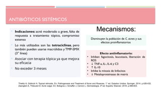 ANTIBIÓTICOS SISTÉMICOS
 Indicaciones: acné moderado a grave, falta de
respuesta a tratamiento tópico, compromiso
extenso
 Lo más utilizados son las tetraciclinas, pero
también pueden usarse macrólidos y TMP-SMX
(3° línea)
 Asociar con terapia tópica ya que mejora
su eficacia
 No exceder 3 meses
Disminuyen la población de C. acnes y sus
efectos proinflamatorios
Efecto antiinflamatorio:
• Inhiben fagocitosis, leucotaxis, liberación de
ROS
• ↓ TNF-a, IL-, IL-6 y C3
• ↑ IL-10
• Inhibe la mitosis de linfocitos
• ↓ Metaloproteinasas de matriz
Mecanismos:
Thielitz A, Gollnick H. Topical retinoids. En: Pathogenesis and Treatment of Acne and Rosacea. 1° ed. Estados Unidos: Springer; 2014. p.426-432.
Zaenglein A, Thiboutot D. Acné vulgar. En: Bolognia J, Schaffer J, Cerroni L. Dermatología. 4ª ed. España: Elsevier; 2018. p.588-603.
 