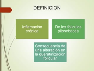 DEFINICION
Inflamación
crónica
De los foliculos
pilosebacea
Consecuencia de
una alteración en
la queratinización
folicular
 
