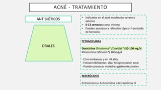 ACNÉ - TRATAMIENTO
ANTIBIÓTICOS • Indicados en el acné moderado-severo o
extenso
• 6-12 semanas como mínimo
• Pueden asociarse a retinoide tópico+/-peróxido
de benzoilo
ORALES
TETRACICLINAS
Doxiciclina (Proderma® /Doxiclat®) 50-100 mg/d
Minociclina (Minocin®) 100mg/d
- CI en embarazo y en <8 años
- Fotosensibilizantes. Usar fotoprotección solar
- Pueden provocar molestias gastrointestinales
MACRÓLIDOS
Eritromicina o Azitromicina si tetraciclinas CI
 