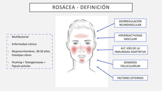 ROSÁCEA - DEFINICIÓN
- Multifactorial
- Enfermedad crónica
- Mujeres>Hombres. 30-50 años.
Fototipos claros
- Flushing + Telangiectasias +
Papulo-pútulas
DESRREGULACIÓN
NEUROVASCULAR
HIPERREACTIVIDAD
VASCULAR
ALT. VÍAS DE LA
INMUNIDAD ADAPTATIVA
DEMODEX
FOLLICULORUM
FACTORES EXTERNOS
 