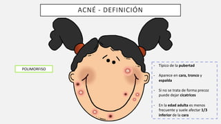 ACNÉ - DEFINICIÓN
POLIMORFISO
- Típico de la pubertad
- Aparece en cara, tronco y
espalda
- Si no se trata de forma precoz
puede dejar cicatrices
- En la edad adulta es menos
frecuente y suele afectar 1/3
inferior de la cara
 