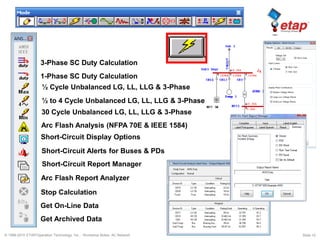 © 1996-2010 ETAP/Operation Technology, Inc. - Workshop Notes: AC Network Slide 10
3-Phase SC Duty Calculation
1-Phase SC Duty Calculation
½ Cycle Unbalanced LG, LL, LLG & 3-Phase
½ to 4 Cycle Unbalanced LG, LL, LLG & 3-Phase
30 Cycle Unbalanced LG, LL, LLG & 3-Phase
Arc Flash Analysis (NFPA 70E & IEEE 1584)
Short-Circuit Display Options
Short-Circuit Alerts for Buses & PDs
Short-Circuit Report Manager
Stop Calculation
Get On-Line Data
Get Archived Data
Arc Flash Report Analyzer
 