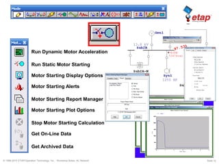 © 1996-2010 ETAP/Operation Technology, Inc. - Workshop Notes: AC Network Slide 12
Run Dynamic Motor Acceleration
Run Static Motor Starting
Motor Starting Display Options
Stop Motor Starting Calculation
Get On-Line Data
Get Archived Data
Motor Starting Report Manager
Motor Starting Plot Options
Motor Starting Alerts
 