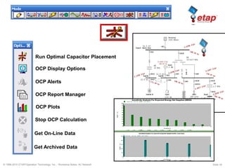 © 1996-2010 ETAP/Operation Technology, Inc. - Workshop Notes: AC Network Slide 18
Run Optimal Capacitor Placement
OCP Display Options
OCP Alerts
OCP Report Manager
Get On-Line Data
Get Archived Data
Stop OCP Calculation
OCP Plots
 