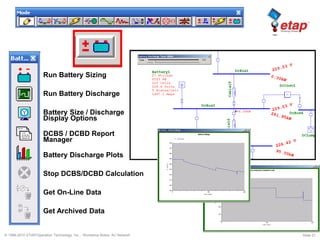 © 1996-2010 ETAP/Operation Technology, Inc. - Workshop Notes: AC Network Slide 21
Run Battery Sizing
Run Battery Discharge
Battery Size / Discharge
Display Options
Get On-Line Data
Get Archived Data
Stop DCBS/DCBD Calculation
DCBS / DCBD Report
Manager
Battery Discharge Plots
 