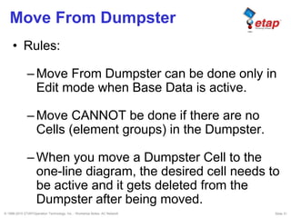 © 1996-2010 ETAP/Operation Technology, Inc. - Workshop Notes: AC Network Slide 31
Move From Dumpster
• Rules:
–Move From Dumpster can be done only in
Edit mode when Base Data is active.
–Move CANNOT be done if there are no
Cells (element groups) in the Dumpster.
–When you move a Dumpster Cell to the
one-line diagram, the desired cell needs to
be active and it gets deleted from the
Dumpster after being moved.
 