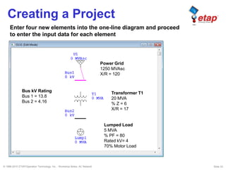 © 1996-2010 ETAP/Operation Technology, Inc. - Workshop Notes: AC Network Slide 33
Creating a Project
Power Grid
1250 MVAsc
X/R = 120
Transformer T1
20 MVA
% Z = 6
X/R = 17
Lumped Load
5 MVA
% PF = 80
Rated kV= 4
70% Motor Load
Bus kV Rating
Bus 1 = 13.8
Bus 2 = 4.16
Enter four new elements into the one-line diagram and proceed
to enter the input data for each element
 