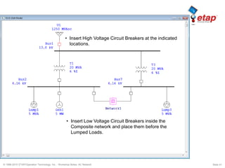 © 1996-2010 ETAP/Operation Technology, Inc. - Workshop Notes: AC Network Slide 41
• Insert High Voltage Circuit Breakers at the indicated
locations.
• Insert Low Voltage Circuit Breakers inside the
Composite network and place them before the
Lumped Loads.
 