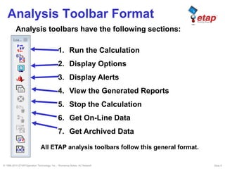© 1996-2010 ETAP/Operation Technology, Inc. - Workshop Notes: AC Network Slide 5
Analysis Toolbar Format
1. Run the Calculation
2. Display Options
3. Display Alerts
4. View the Generated Reports
5. Stop the Calculation
6. Get On-Line Data
7. Get Archived Data
Analysis toolbars have the following sections:
All ETAP analysis toolbars follow this general format.
 