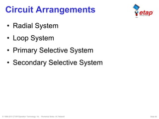 © 1996-2010 ETAP/Operation Technology, Inc. - Workshop Notes: AC Network Slide 58
Circuit Arrangements
• Radial System
• Loop System
• Primary Selective System
• Secondary Selective System
 