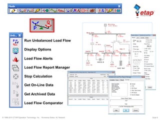 © 1996-2010 ETAP/Operation Technology, Inc. - Workshop Notes: AC Network Slide 9
Run Unbalanced Load Flow
Display Options
Load Flow Alerts
Load Flow Report Manager
Stop Calculation
Get On-Line Data
Load Flow Comparator
Get Archived Data
 