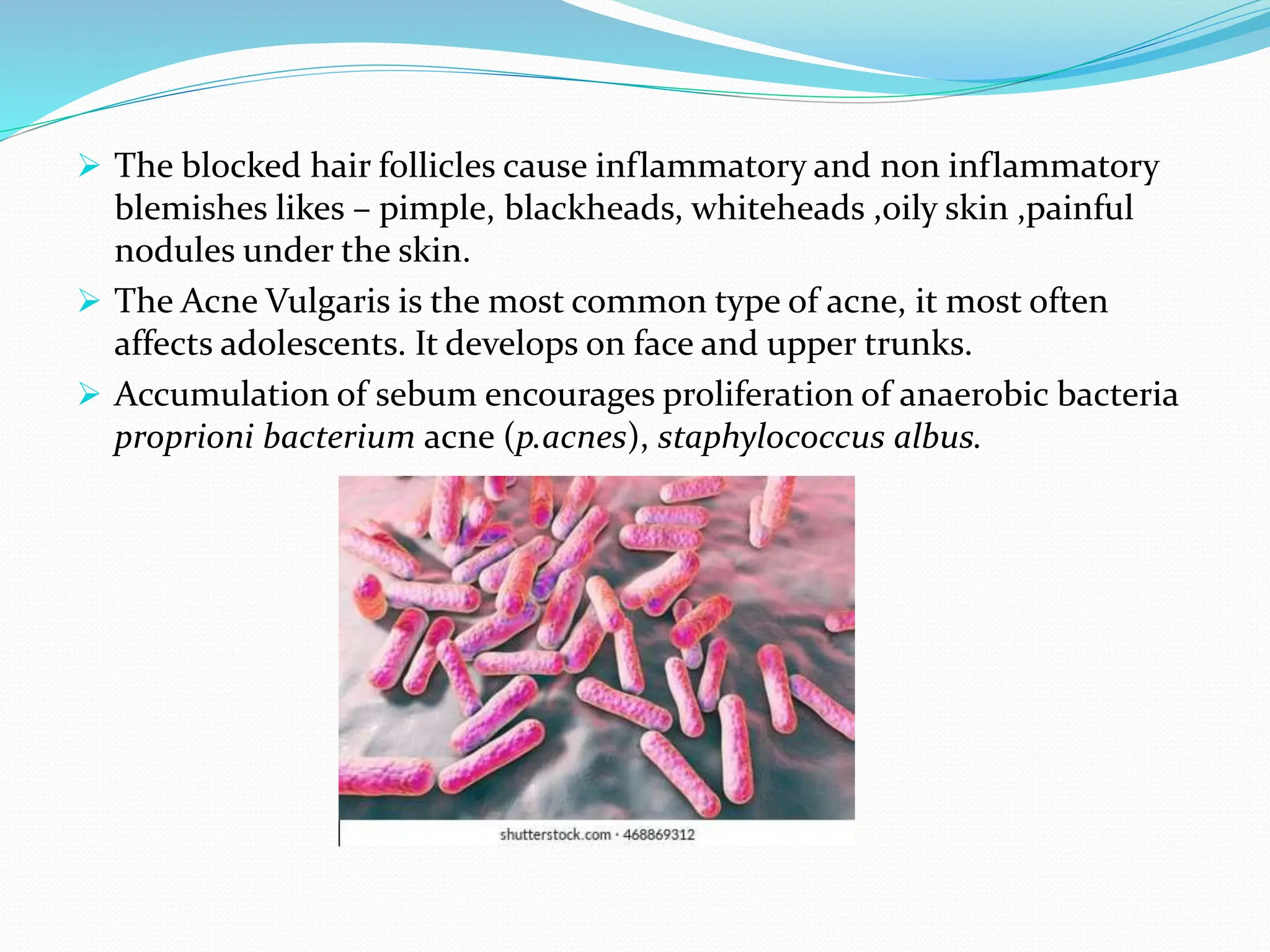  The blocked hair follicles cause inflammatory and non inflammatory
blemishes likes – pimple, blackheads, whiteheads ,oily skin ,painful
nodules under the skin.
 The Acne Vulgaris is the most common type of acne, it most often
affects adolescents. It develops on face and upper trunks.
 Accumulation of sebum encourages proliferation of anaerobic bacteria
proprioni bacterium acne (p.acnes), staphylococcus albus.
 