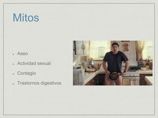 Mitos 
Aseo 
Actividad sexual 
Contagio 
Trastornos digestivos 
 