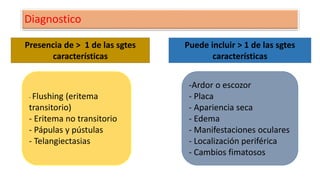 Diagnostico
- Flushing (eritema
transitorio)
- Eritema no transitorio
- Pápulas y pústulas
- Telangiectasias
-Ardor o escozor
- Placa
- Apariencia seca
- Edema
- Manifestaciones oculares
- Localización periférica
- Cambios fimatosos
Presencia de > 1 de las sgtes
características
Puede incluir > 1 de las sgtes
características
 