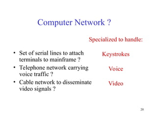 20
Computer Network ?
• Set of serial lines to attach
terminals to mainframe ?
• Telephone network carrying
voice traffic ?
• Cable network to disseminate
video signals ?
Specialized to handle:
Keystrokes
Voice
Video
 