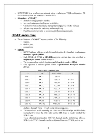 2
• SONET/SDH is a synchronous network using synchronous TDM multiplexing. All
clocks in the system are locked to a master clock.
• Advantages of SONET:
• Reduction of equipment's needed.
• Increased network reliability and availability.
• Centralized fault isolation and management of payload (traffic carried)
• Allows easy access for switching and multiplexing
• Flexible architecture able to accommodate future requirements.
SONET Architecture:
• The architecture of a SONET system consists of the following:
• signals,
• devices, and
• connections
• Signals:
• SONET defines a hierarchy of electrical signaling levels called synchronous
transport signals (STSs).
• Each STS level (STS-l to STS-192) supports a certain data rate, specified in
megabits per second shown in table 1.
• The corresponding optical signals are called optical carriers (OCs).
• SDH specifies a similar system called a synchronous transport module
(STM).
Table 1: SONET/SDH Data Rates
• A glance through Table 1 reveals some interesting points.
• The lowest level in this hierarchy has a data rate of 51.840 Mbps, the STS-3 rate
is exactly three times the STS-l rate; and the STS-9 rate is exactly one-half the
STS-18 rate.
• These relationships mean that 18 STS-l channels can be multiplexed into one
STS-18, six STS-3 channels can be multiplexed into one STS-18, and so on.
 