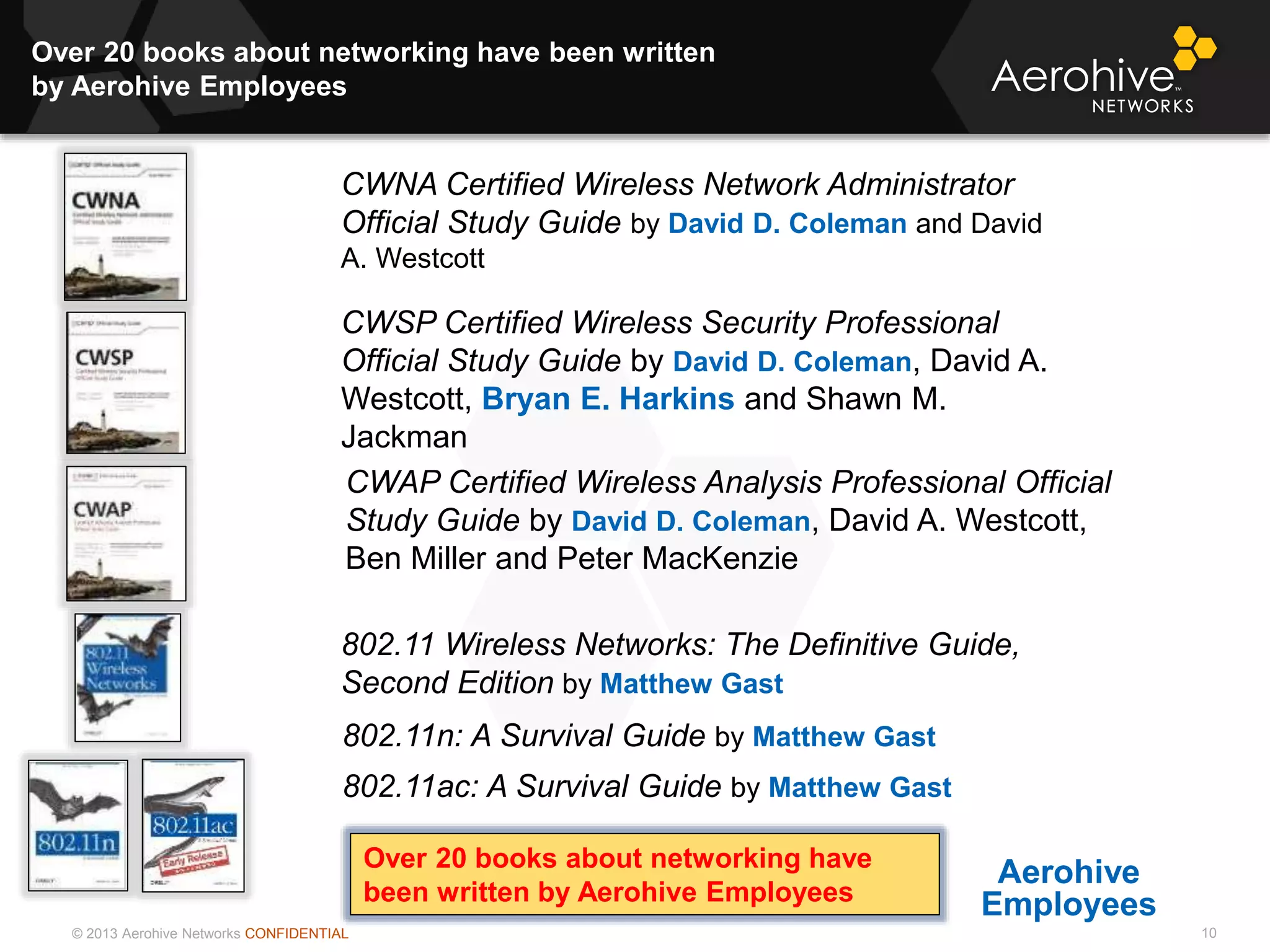 © 2013 Aerohive Networks CONFIDENTIAL
Over 20 books about networking have been written
by Aerohive Employees
10
CWNA Certified Wireless Network Administrator
Official Study Guide by David D. Coleman and David
A. Westcott
CWSP Certified Wireless Security Professional
Official Study Guide by David D. Coleman, David A.
Westcott, Bryan E. Harkins and Shawn M.
Jackman
CWAP Certified Wireless Analysis Professional Official
Study Guide by David D. Coleman, David A. Westcott,
Ben Miller and Peter MacKenzie
802.11 Wireless Networks: The Definitive Guide,
Second Edition by Matthew Gast
802.11n: A Survival Guide by Matthew Gast
Aerohive
Employees
802.11ac: A Survival Guide by Matthew Gast
Over 20 books about networking have
been written by Aerohive Employees
 