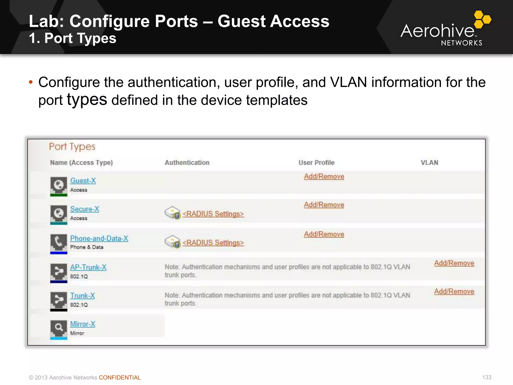 © 2013 Aerohive Networks CONFIDENTIAL
Lab: Configure Ports – Guest Access
1. Port Types
133
• Configure the authentication, user profile, and VLAN information for the
port types defined in the device templates
 