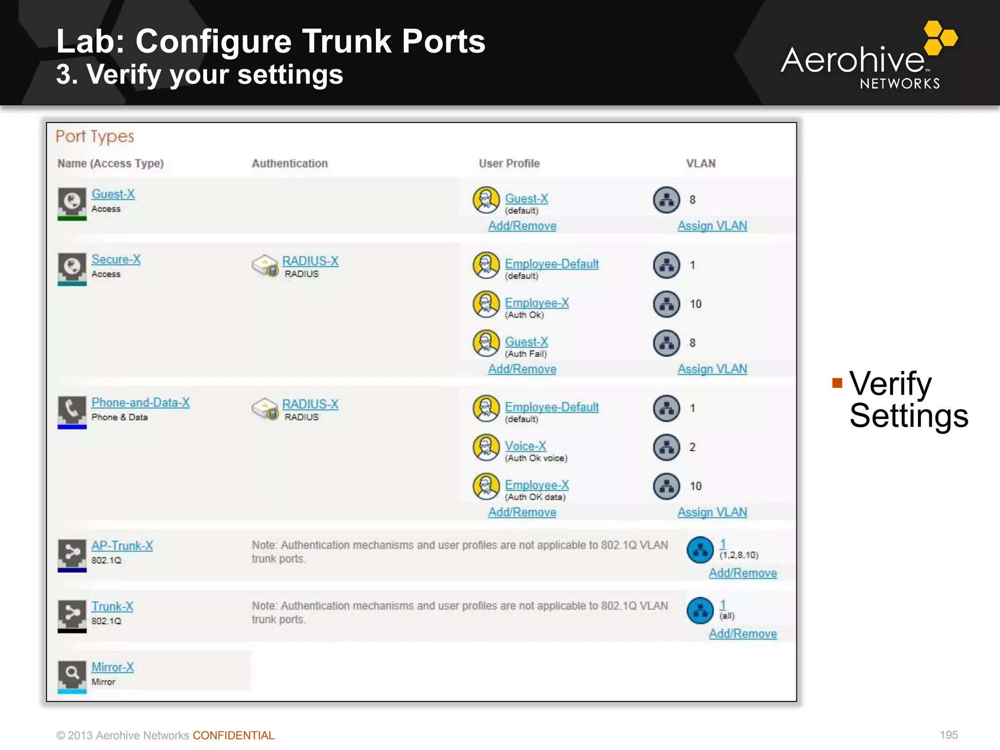 © 2013 Aerohive Networks CONFIDENTIAL
Lab: Configure Trunk Ports
3. Verify your settings
195
Verify
Settings
 