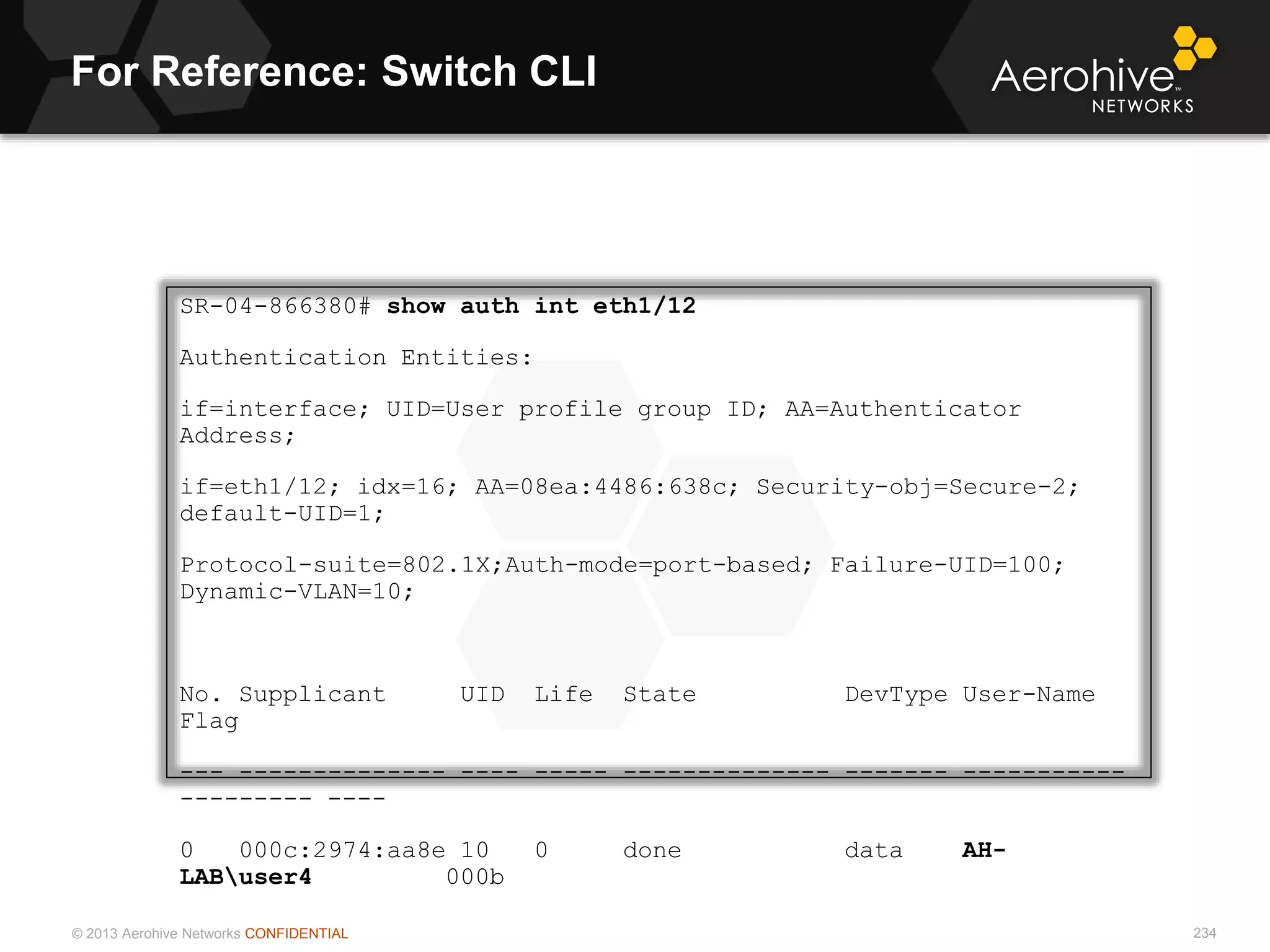 © 2013 Aerohive Networks CONFIDENTIAL
For Reference: Switch CLI
234
SR-04-866380# show auth int eth1/12
Authentication Entities:
if=interface; UID=User profile group ID; AA=Authenticator
Address;
if=eth1/12; idx=16; AA=08ea:4486:638c; Security-obj=Secure-2;
default-UID=1;
Protocol-suite=802.1X;Auth-mode=port-based; Failure-UID=100;
Dynamic-VLAN=10;
No. Supplicant UID Life State DevType User-Name
Flag
--- -------------- ---- ----- -------------- ------- -----------
--------- ----
0 000c:2974:aa8e 10 0 done data AH-
LABuser4 000b
 