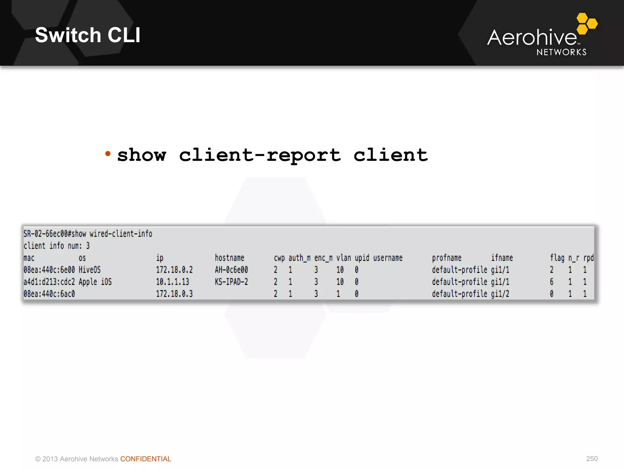© 2013 Aerohive Networks CONFIDENTIAL
Switch CLI
250
• show client-report client
 