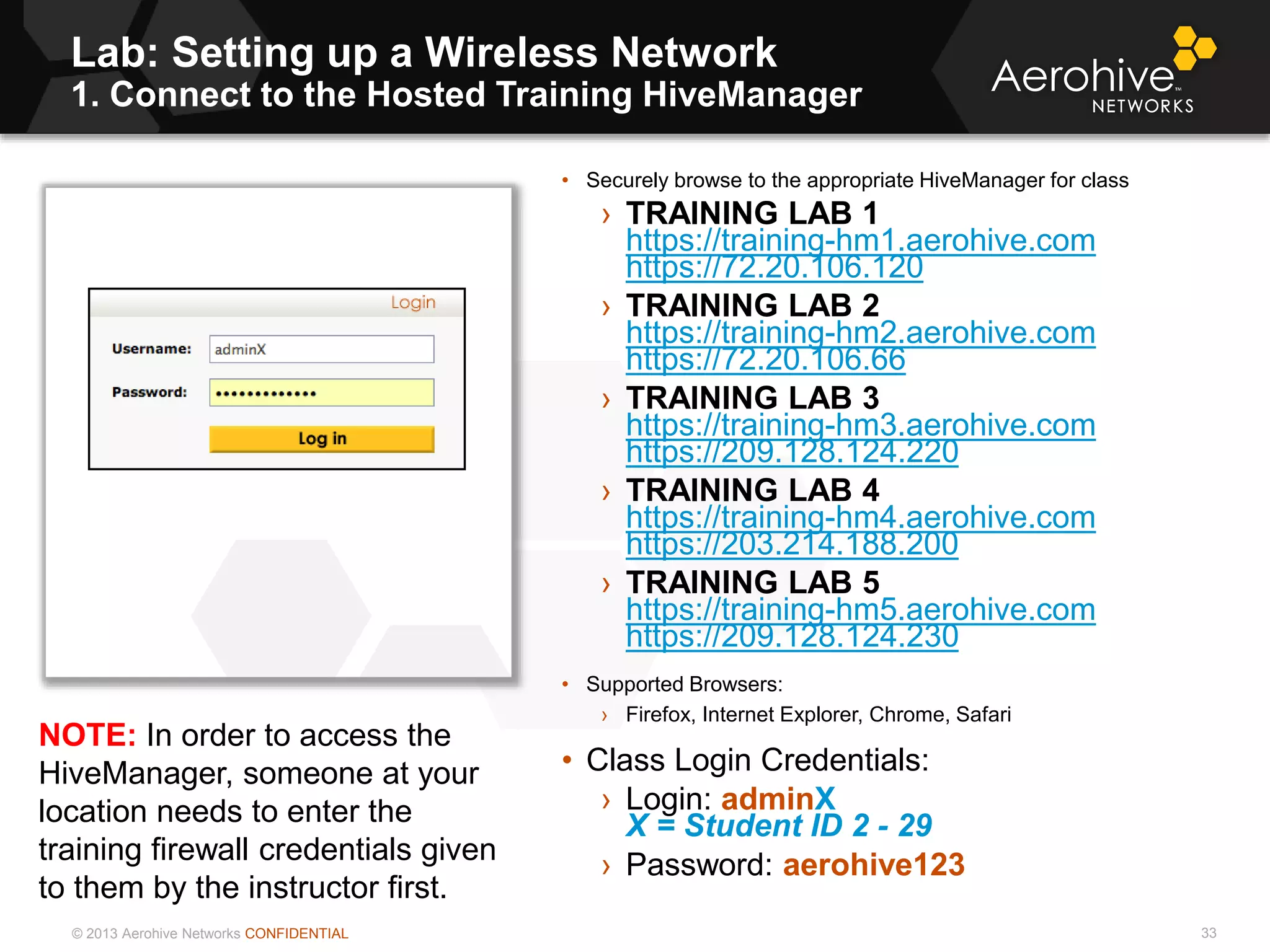 © 2013 Aerohive Networks CONFIDENTIAL
Lab: Setting up a Wireless Network
1. Connect to the Hosted Training HiveManager
33
• Securely browse to the appropriate HiveManager for class
› TRAINING LAB 1
https://training-hm1.aerohive.com
https://72.20.106.120
› TRAINING LAB 2
https://training-hm2.aerohive.com
https://72.20.106.66
› TRAINING LAB 3
https://training-hm3.aerohive.com
https://209.128.124.220
› TRAINING LAB 4
https://training-hm4.aerohive.com
https://203.214.188.200
› TRAINING LAB 5
https://training-hm5.aerohive.com
https://209.128.124.230
• Supported Browsers:
› Firefox, Internet Explorer, Chrome, Safari
• Class Login Credentials:
› Login: adminX
X = Student ID 2 - 29
› Password: aerohive123
NOTE: In order to access the
HiveManager, someone at your
location needs to enter the
training firewall credentials given
to them by the instructor first.
 