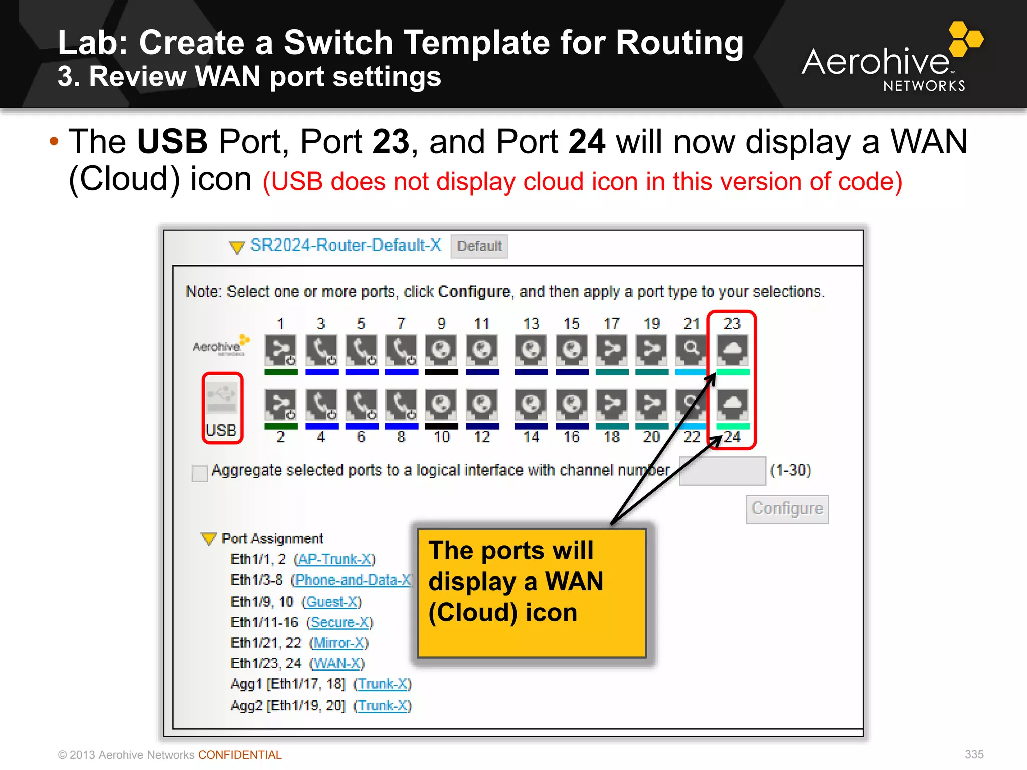 © 2013 Aerohive Networks CONFIDENTIAL
• The USB Port, Port 23, and Port 24 will now display a WAN
(Cloud) icon (USB does not display cloud icon in this version of code)
Lab: Create a Switch Template for Routing
3. Review WAN port settings
335
The ports will
display a WAN
(Cloud) icon
 