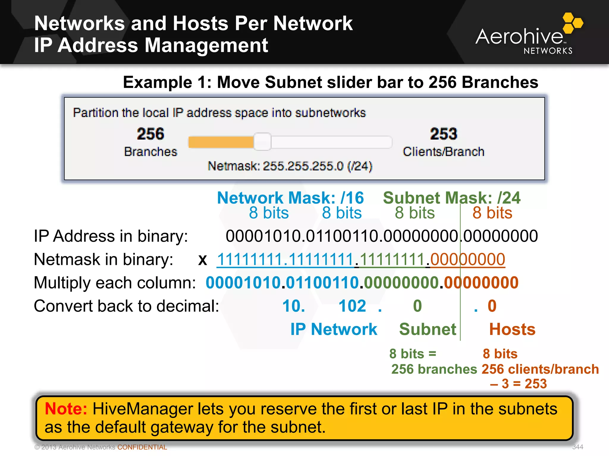© 2013 Aerohive Networks CONFIDENTIAL
Networks and Hosts Per Network
IP Address Management
8 bits 8 bits 8 bits 8 bits
IP Address in binary: 00001010.01100110.00000000.00000000
Netmask in binary: X 11111111.11111111.11111111.00000000
Multiply each column: 00001010.01100110.00000000.00000000
Convert back to decimal: 10. 102 . 0 . 0
IP Network Subnet Hosts
8 bits = 8 bits
256 branches 256 clients/branch
– 3 = 253
Note: HiveManager lets you reserve the first or last IP in the subnets
as the default gateway for the subnet.
Example 1: Move Subnet slider bar to 256 Branches
Network Mask: /16 Subnet Mask: /24
344
 