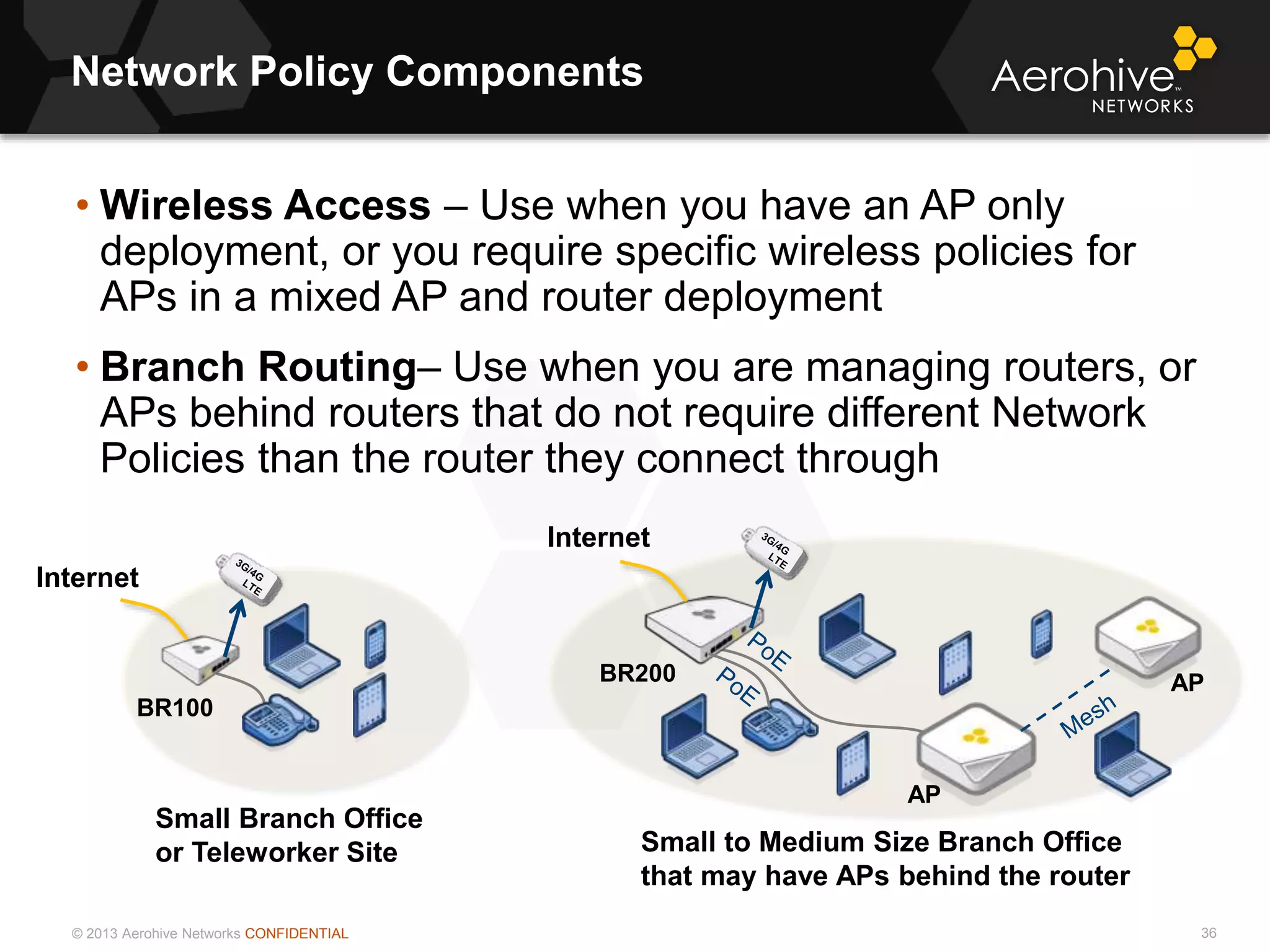 © 2013 Aerohive Networks CONFIDENTIAL
Network Policy Components
36
• Wireless Access – Use when you have an AP only
deployment, or you require specific wireless policies for
APs in a mixed AP and router deployment
• Branch Routing– Use when you are managing routers, or
APs behind routers that do not require different Network
Policies than the router they connect through
BR100
BR200 AP
AP
Internet
Internet
Small Branch Office
or Teleworker Site Small to Medium Size Branch Office
that may have APs behind the router
 