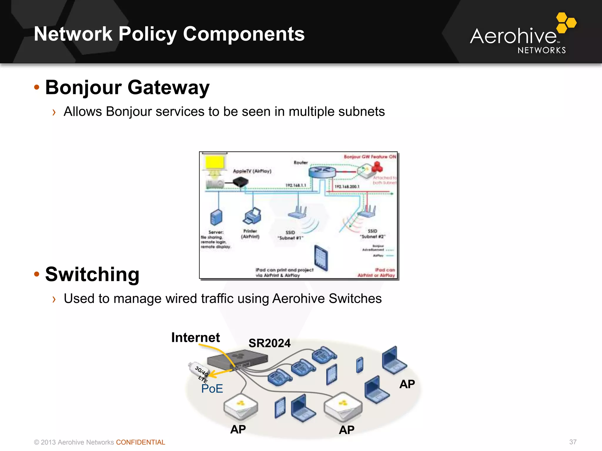 © 2013 Aerohive Networks CONFIDENTIAL
• Bonjour Gateway
› Allows Bonjour services to be seen in multiple subnets
• Switching
› Used to manage wired traffic using Aerohive Switches
Network Policy Components
37
Internet
AP
AP
PoE
SR2024
AP
 