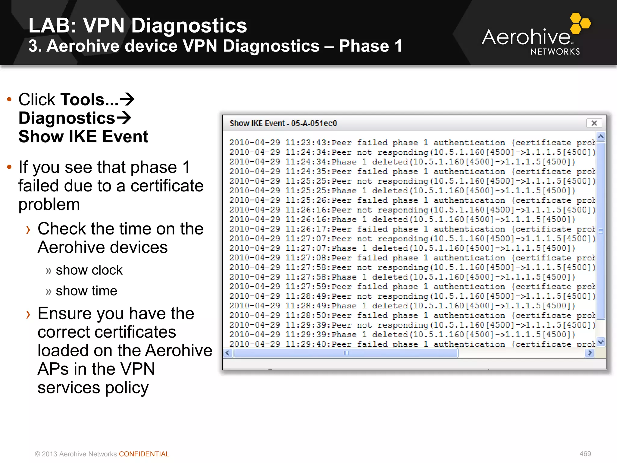 © 2013 Aerohive Networks CONFIDENTIAL
LAB: VPN Diagnostics
3. Aerohive device VPN Diagnostics – Phase 1
469
• Click Tools...
Diagnostics
Show IKE Event
• If you see that phase 1
failed due to a certificate
problem
› Check the time on the
Aerohive devices
» show clock
» show time
› Ensure you have the
correct certificates
loaded on the Aerohive
APs in the VPN
services policy
 