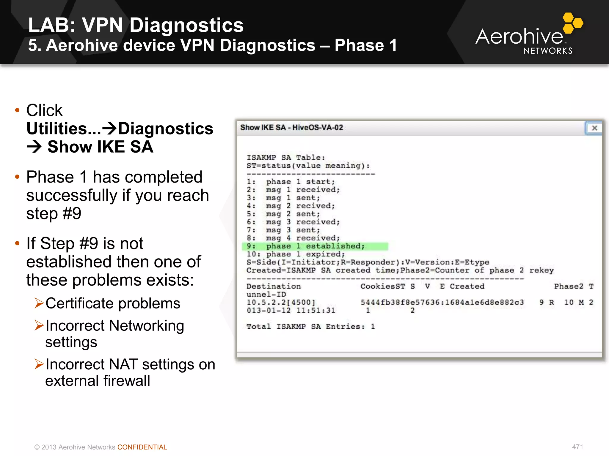 © 2013 Aerohive Networks CONFIDENTIAL
LAB: VPN Diagnostics
5. Aerohive device VPN Diagnostics – Phase 1
471
• Click
Utilities...Diagnostics
 Show IKE SA
• Phase 1 has completed
successfully if you reach
step #9
• If Step #9 is not
established then one of
these problems exists:
Certificate problems
Incorrect Networking
settings
Incorrect NAT settings on
external firewall
 