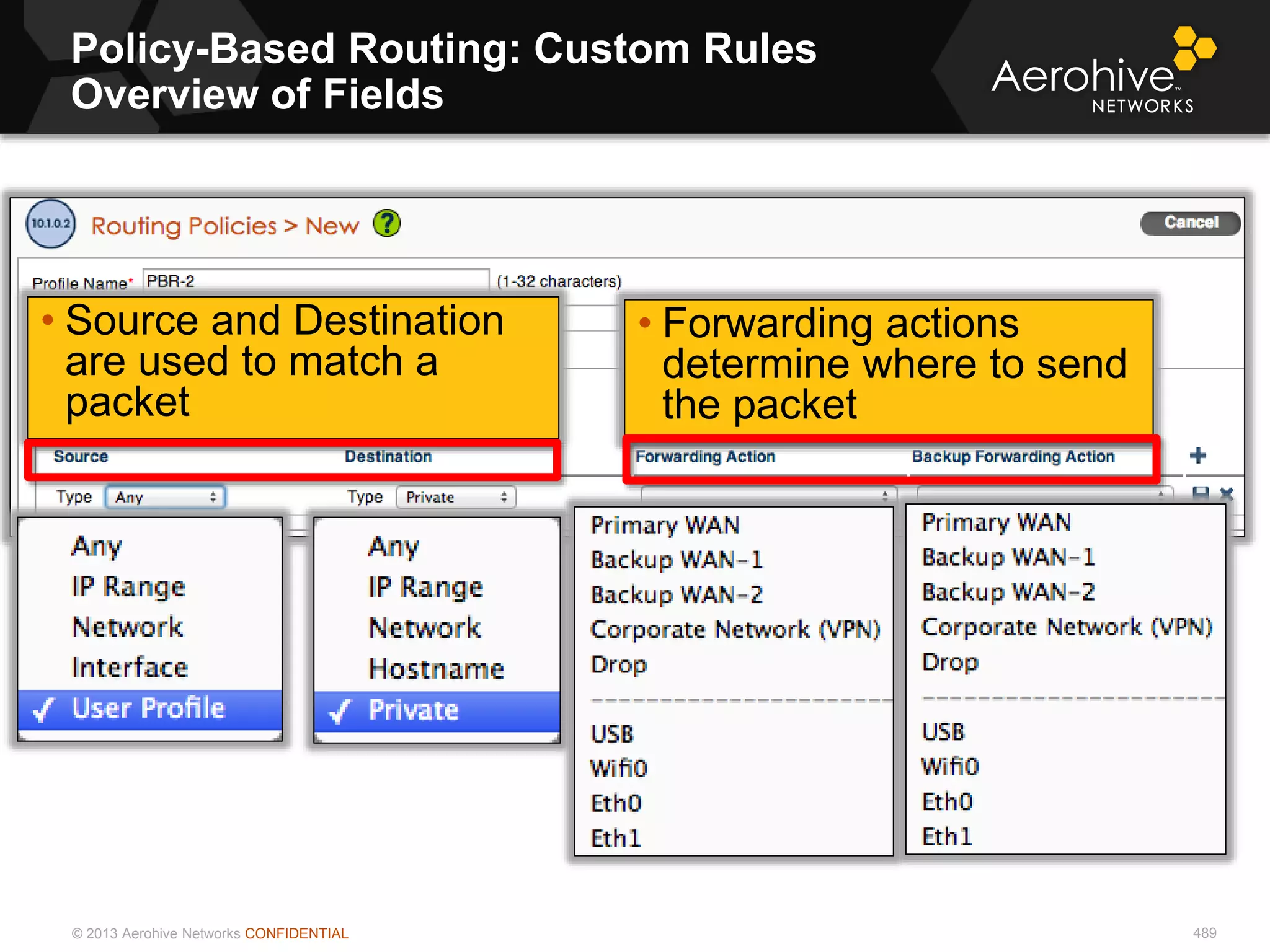 © 2013 Aerohive Networks CONFIDENTIAL
Policy-Based Routing: Custom Rules
Overview of Fields
489
• Forwarding actions
determine where to send
the packet
• Source and Destination
are used to match a
packet
 