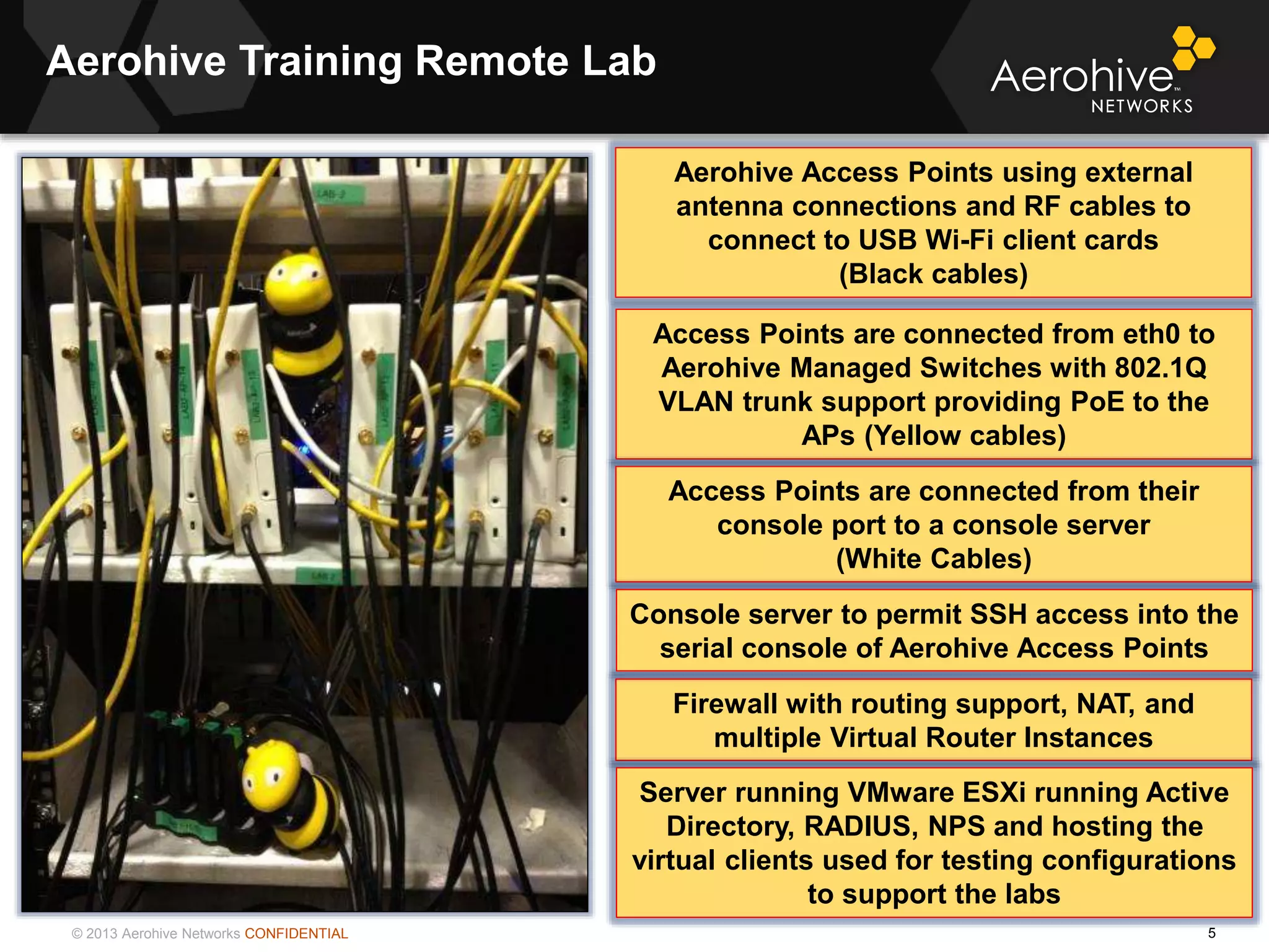 © 2013 Aerohive Networks CONFIDENTIAL
Copyright ©2011
Aerohive Training Remote Lab
5
Aerohive Access Points using external
antenna connections and RF cables to
connect to USB Wi-Fi client cards
(Black cables)
Access Points are connected from eth0 to
Aerohive Managed Switches with 802.1Q
VLAN trunk support providing PoE to the
APs (Yellow cables)
Firewall with routing support, NAT, and
multiple Virtual Router Instances
Access Points are connected from their
console port to a console server
(White Cables)
Console server to permit SSH access into the
serial console of Aerohive Access Points
Server running VMware ESXi running Active
Directory, RADIUS, NPS and hosting the
virtual clients used for testing configurations
to support the labs
 