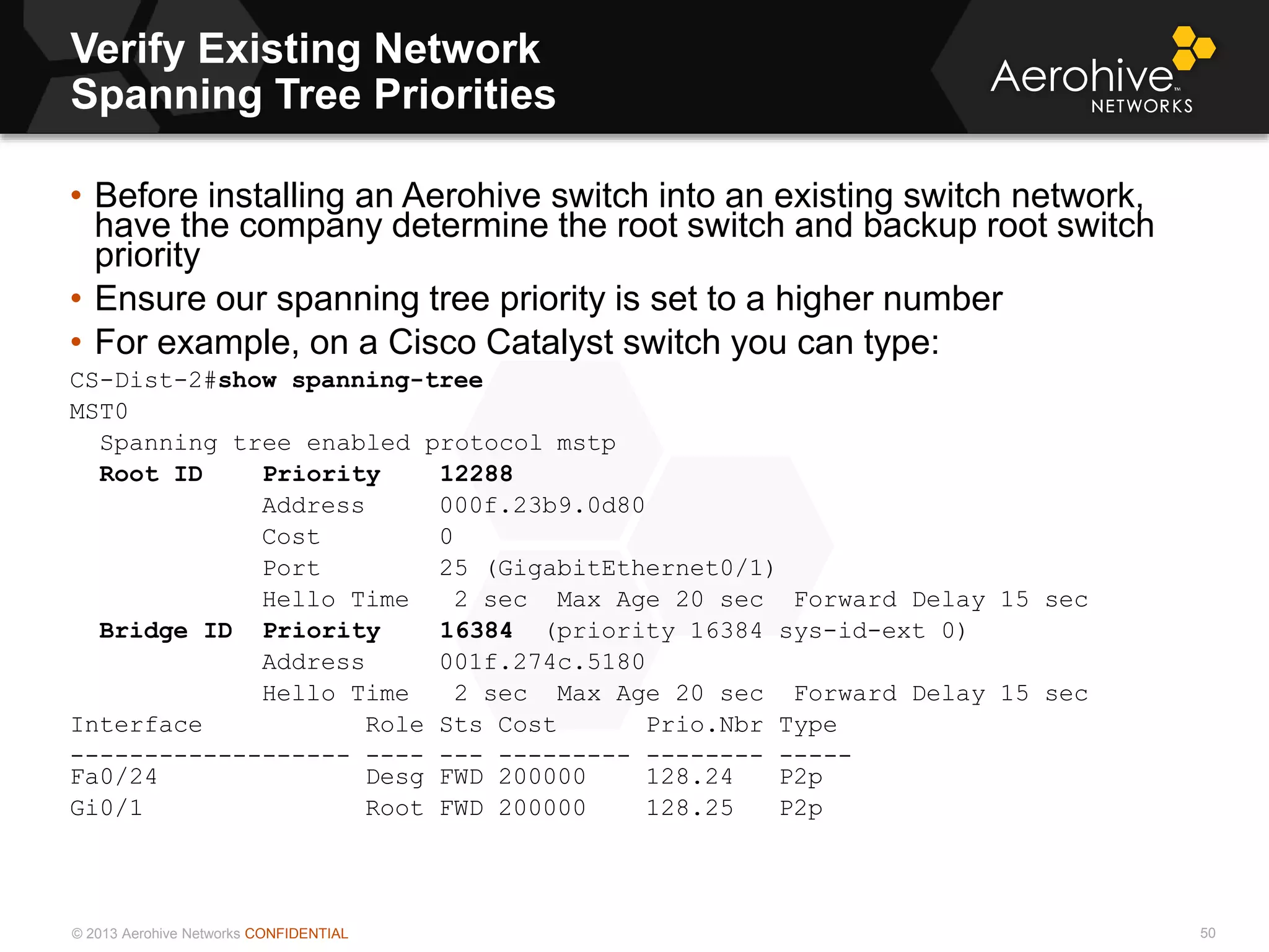 © 2013 Aerohive Networks CONFIDENTIAL
Verify Existing Network
Spanning Tree Priorities
50
• Before installing an Aerohive switch into an existing switch network,
have the company determine the root switch and backup root switch
priority
• Ensure our spanning tree priority is set to a higher number
• For example, on a Cisco Catalyst switch you can type:
CS-Dist-2#show spanning-tree
MST0
Spanning tree enabled protocol mstp
Root ID Priority 12288
Address 000f.23b9.0d80
Cost 0
Port 25 (GigabitEthernet0/1)
Hello Time 2 sec Max Age 20 sec Forward Delay 15 sec
Bridge ID Priority 16384 (priority 16384 sys-id-ext 0)
Address 001f.274c.5180
Hello Time 2 sec Max Age 20 sec Forward Delay 15 sec
Interface Role Sts Cost Prio.Nbr Type
------------------- ---- --- --------- -------- -----
Fa0/24 Desg FWD 200000 128.24 P2p
Gi0/1 Root FWD 200000 128.25 P2p
 