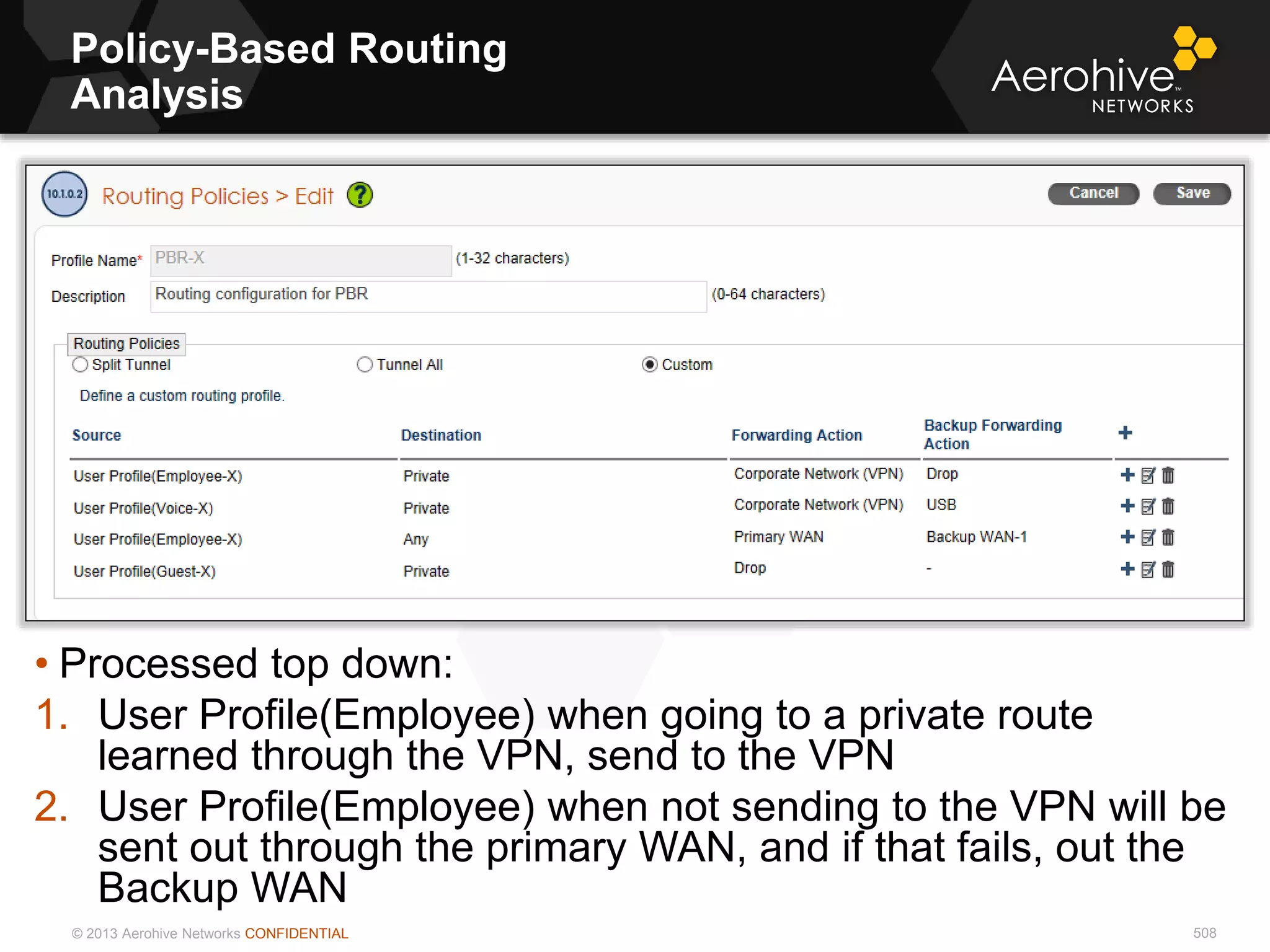 © 2013 Aerohive Networks CONFIDENTIAL
Policy-Based Routing
Analysis
508
• Processed top down:
1. User Profile(Employee) when going to a private route
learned through the VPN, send to the VPN
2. User Profile(Employee) when not sending to the VPN will be
sent out through the primary WAN, and if that fails, out the
Backup WAN
 