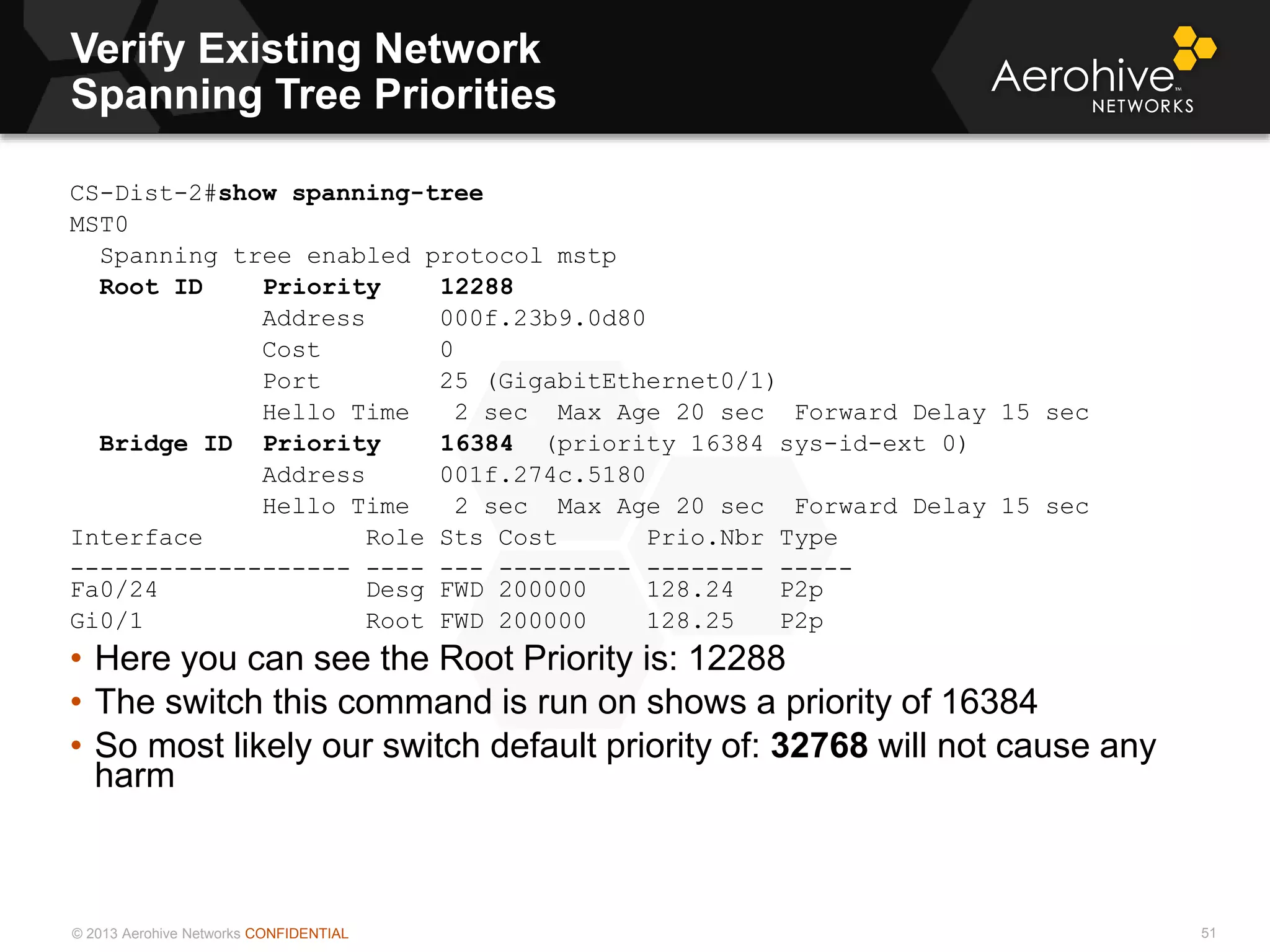 © 2013 Aerohive Networks CONFIDENTIAL
Verify Existing Network
Spanning Tree Priorities
51
CS-Dist-2#show spanning-tree
MST0
Spanning tree enabled protocol mstp
Root ID Priority 12288
Address 000f.23b9.0d80
Cost 0
Port 25 (GigabitEthernet0/1)
Hello Time 2 sec Max Age 20 sec Forward Delay 15 sec
Bridge ID Priority 16384 (priority 16384 sys-id-ext 0)
Address 001f.274c.5180
Hello Time 2 sec Max Age 20 sec Forward Delay 15 sec
Interface Role Sts Cost Prio.Nbr Type
------------------- ---- --- --------- -------- -----
Fa0/24 Desg FWD 200000 128.24 P2p
Gi0/1 Root FWD 200000 128.25 P2p
• Here you can see the Root Priority is: 12288
• The switch this command is run on shows a priority of 16384
• So most likely our switch default priority of: 32768 will not cause any
harm
 