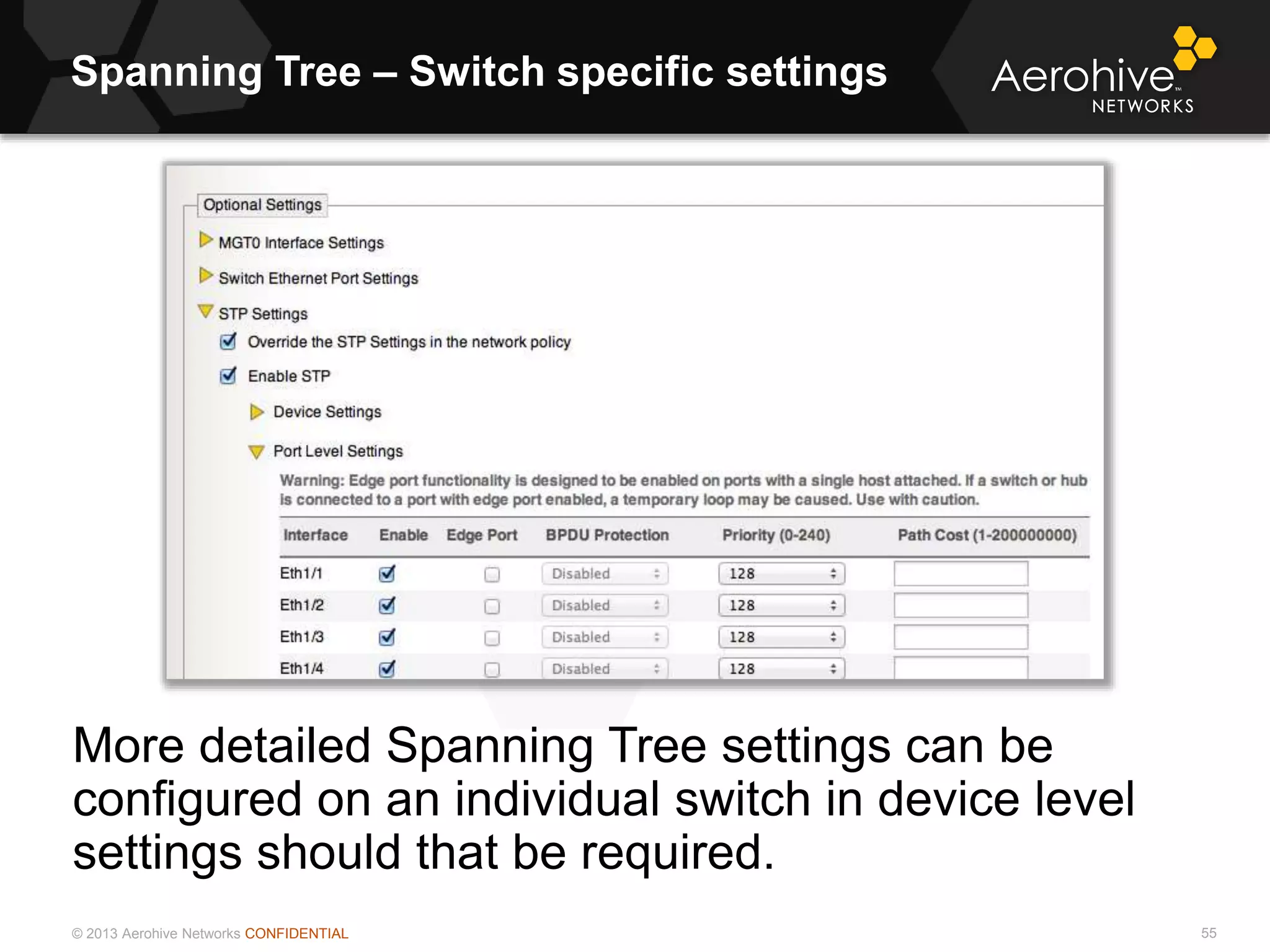 © 2013 Aerohive Networks CONFIDENTIAL
Spanning Tree – Switch specific settings
55
More detailed Spanning Tree settings can be
configured on an individual switch in device level
settings should that be required.
 